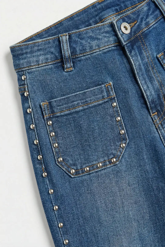 mid wash blue Flare-Leg Denim Jeans with Side Stud Detail