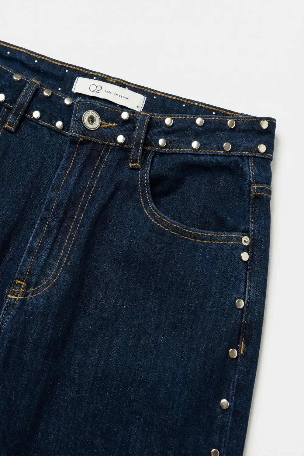 Dark Blue Wide Leg Studded Denim Jeans