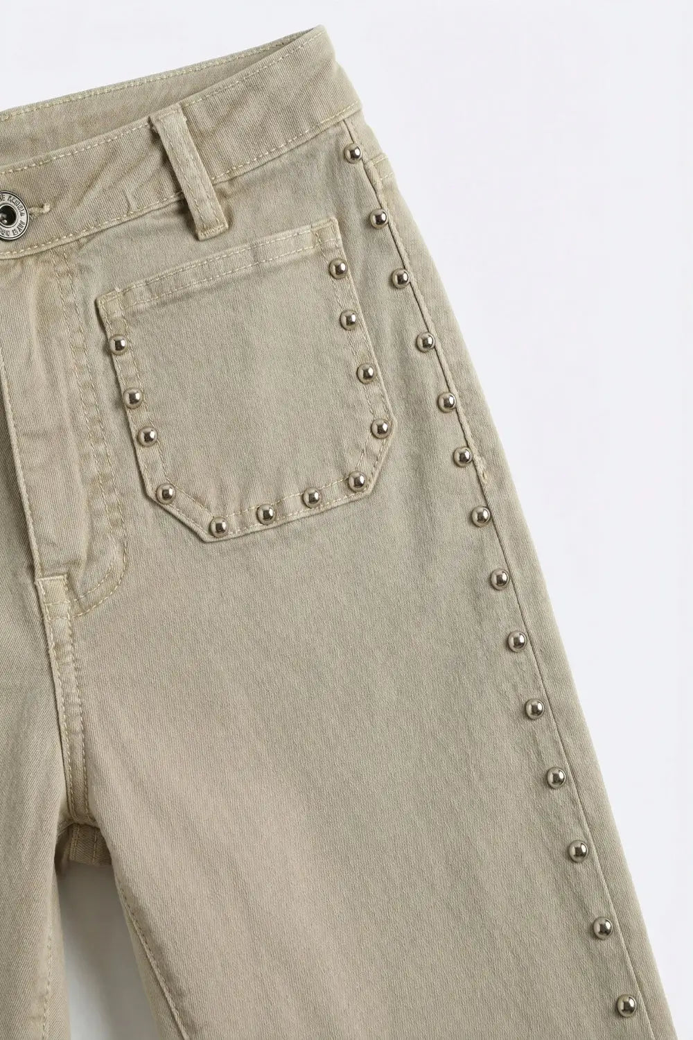 Beige Flared Pants with Studded Side Detail - Pants