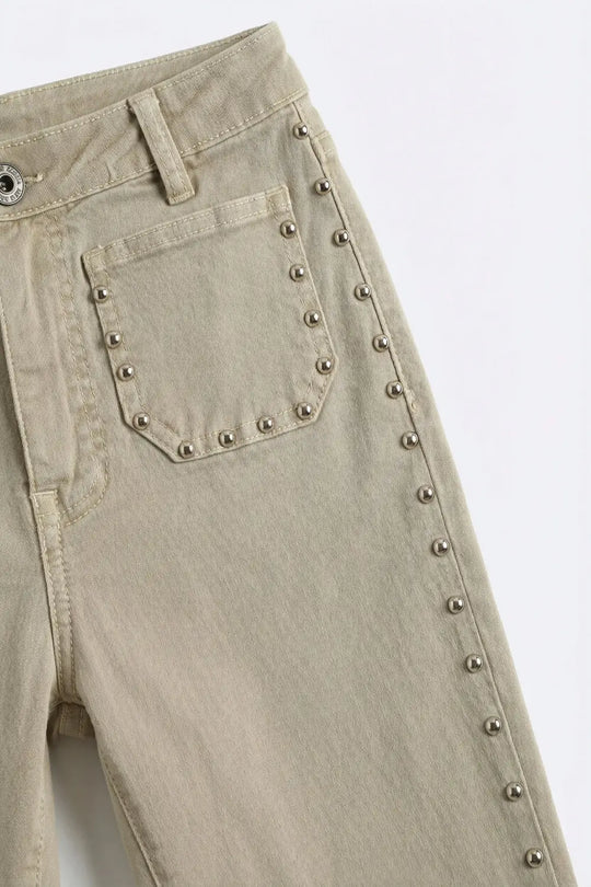 Beige Flared Pants with Studded Side Detail - Pants