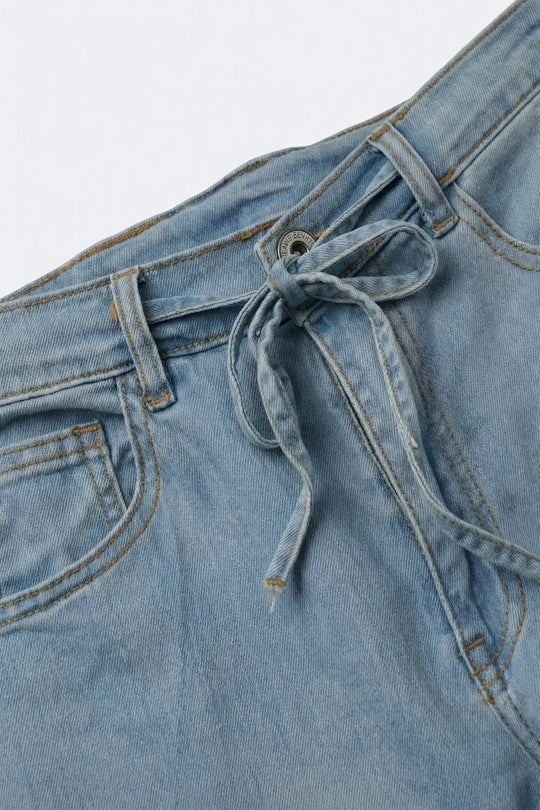 Light Blue Wide-Leg Denim Pants with Drawstring Waist