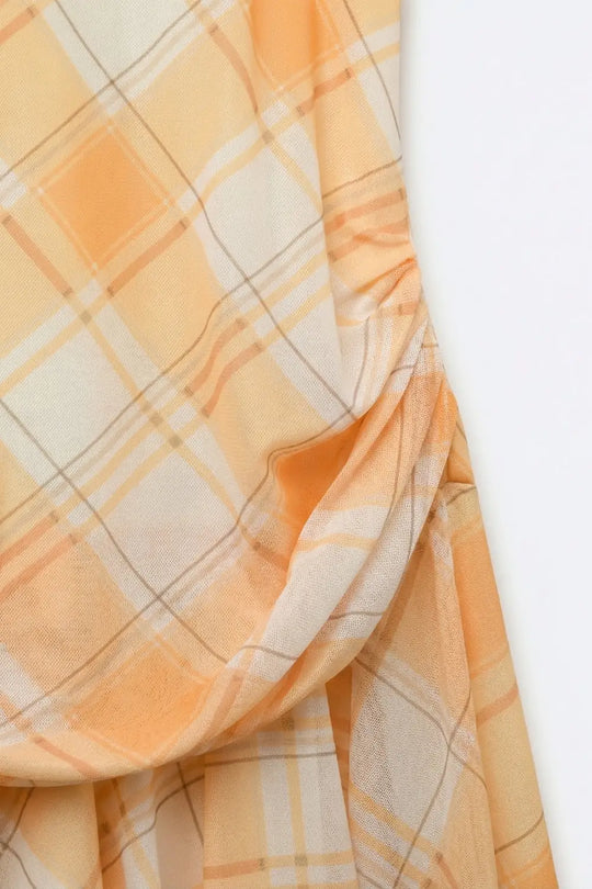 Mesh Fabric Plaid Long Sleeve Asymmetrical Dress in Orange - Dresses