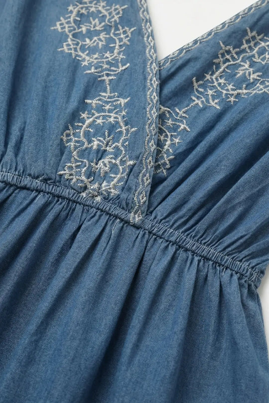 Blue Embroidered Maxi Dress with V-Neckline - Dresses