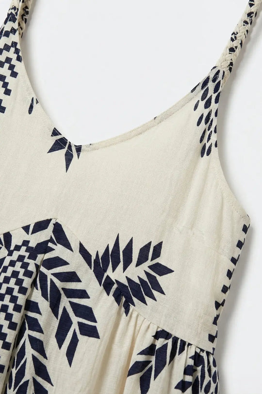 Cream Maxi Dress with navy Palm Print and Tassels - Dresses