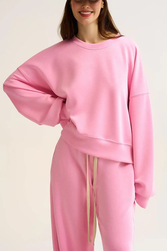 Crew Neck Dropped Shoulder Basic Sweatshirt in Pink - PINK / ONE - Sweaters