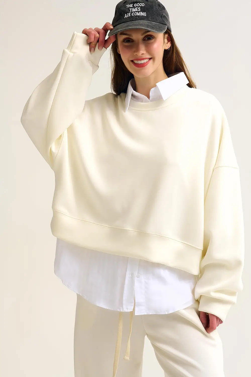 Crew Neck Dropped Shoulder Basic Sweatshirt in Cream - CREAM / ONE - Sweaters