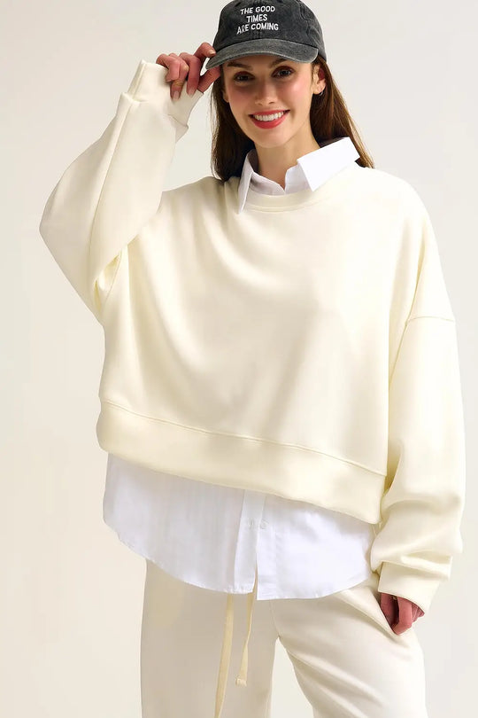 Crew Neck Dropped Shoulder Basic Sweatshirt in Cream - CREAM / ONE - Sweaters