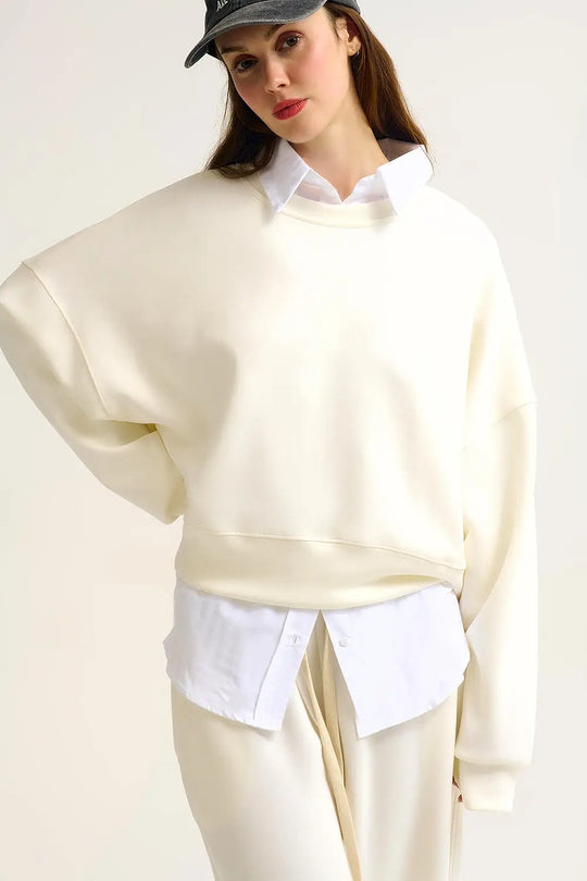 Crew Neck Dropped Shoulder Basic Sweatshirt in Cream - CREAM / ONE - Sweaters