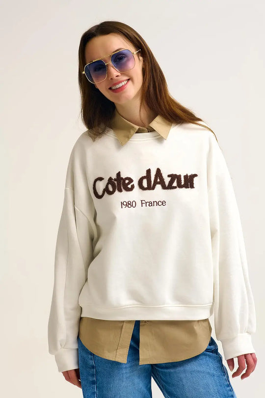 Côte d’Azur Embroidered Cream Sweatshirt - CREAM / ONE - Sweaters