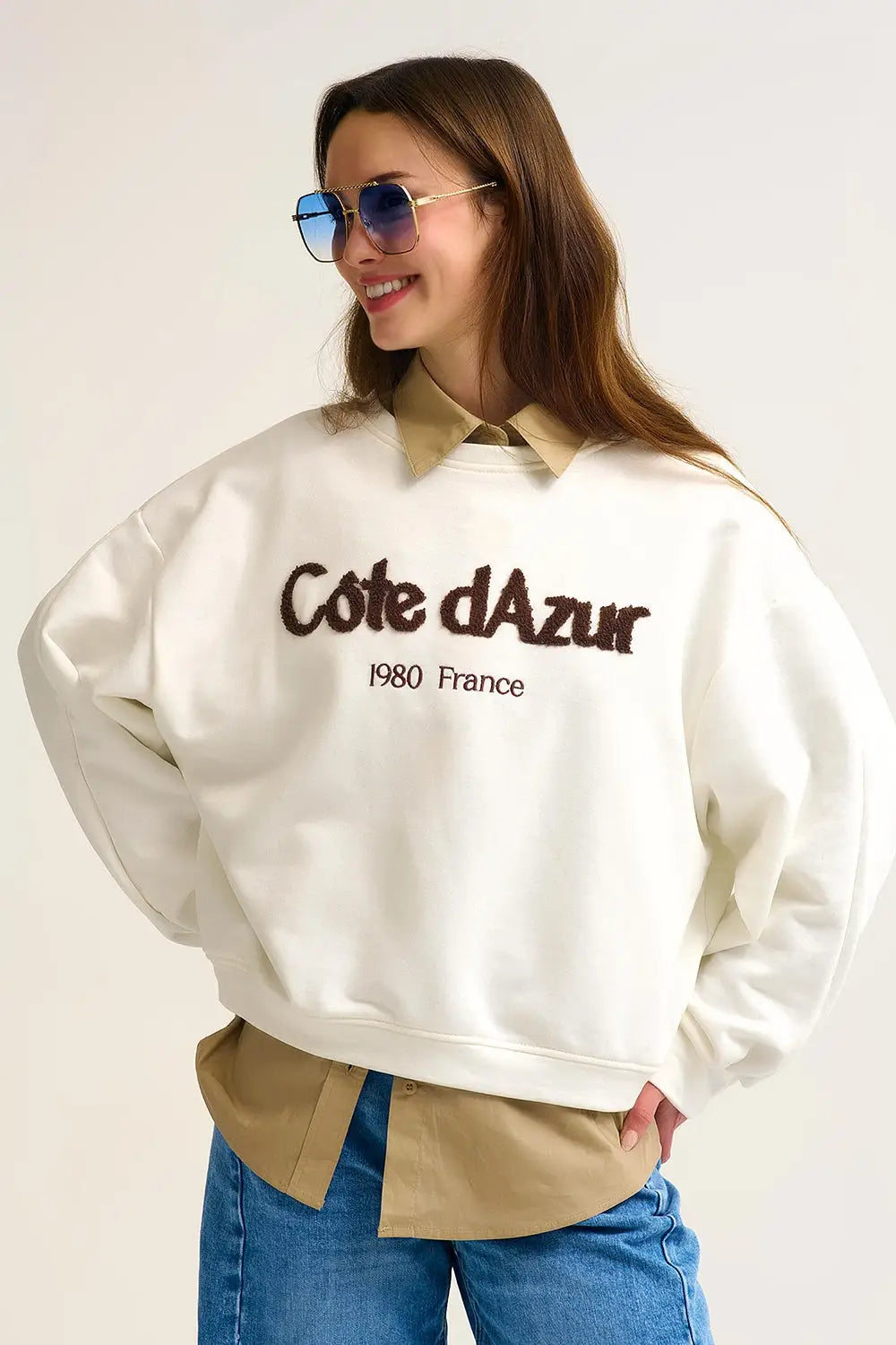 Côte d’Azur Embroidered Cream Sweatshirt - CREAM / ONE - Sweaters