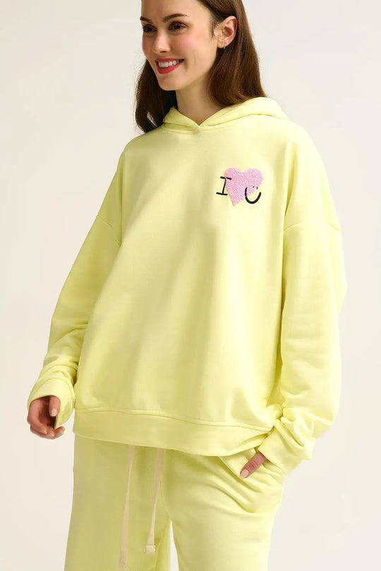 Yellow Super-Soft Hoodie with Bouclé Heart Graphic - YELLOW / ONE - Sweaters