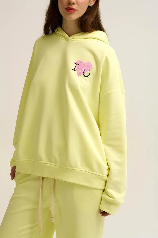 Yellow Super-Soft Hoodie with Bouclé Heart Graphic - YELLOW / ONE - Sweaters