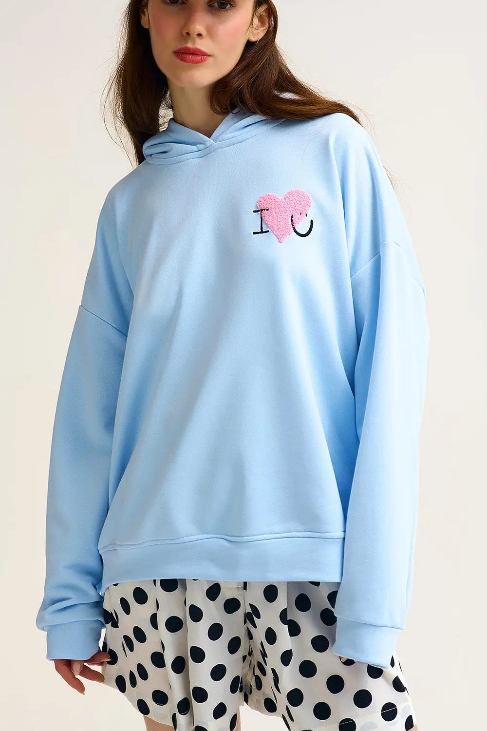 Baby Blue Super-Soft Hoodie with Bouclé Heart Graphic - BLUE / ONE - Sweaters