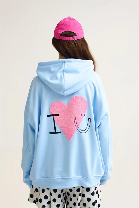 Baby Blue Super-Soft Hoodie with Bouclé Heart Graphic - BLUE / ONE - Sweaters