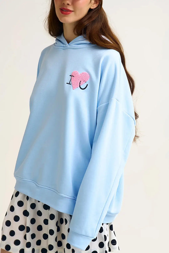 Baby Blue Super-Soft Hoodie with Bouclé Heart Graphic - BLUE / ONE - Sweaters