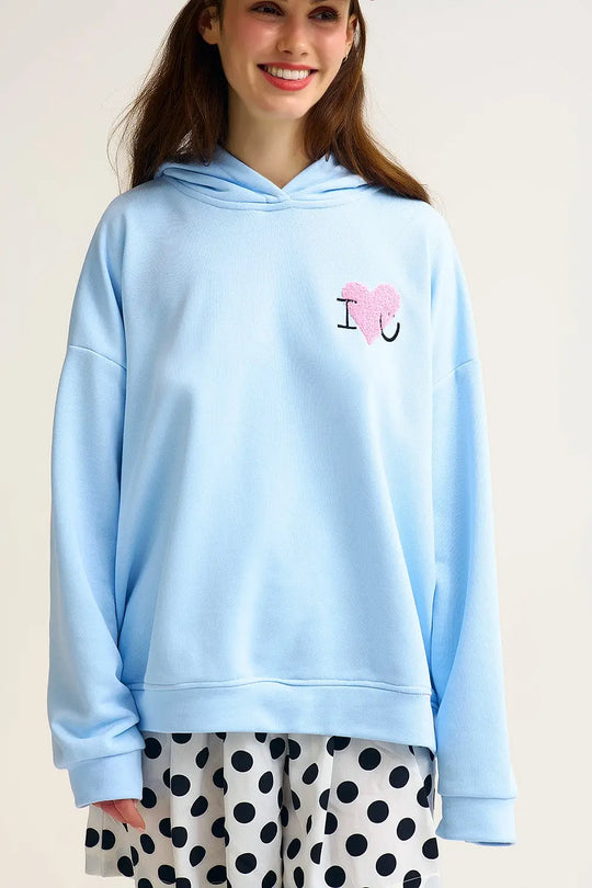 Baby Blue Super-Soft Hoodie with Bouclé Heart Graphic - BLUE / ONE - Sweaters