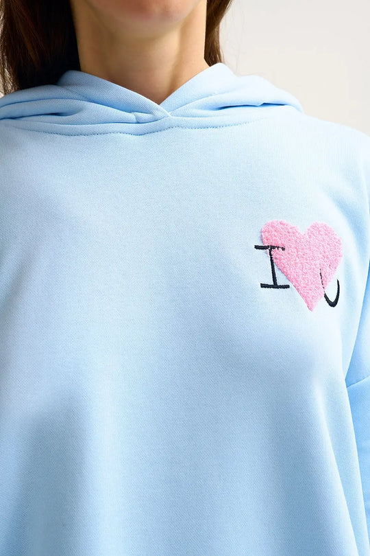 Baby Blue Super-Soft Hoodie with Bouclé Heart Graphic - BLUE / ONE - Sweaters