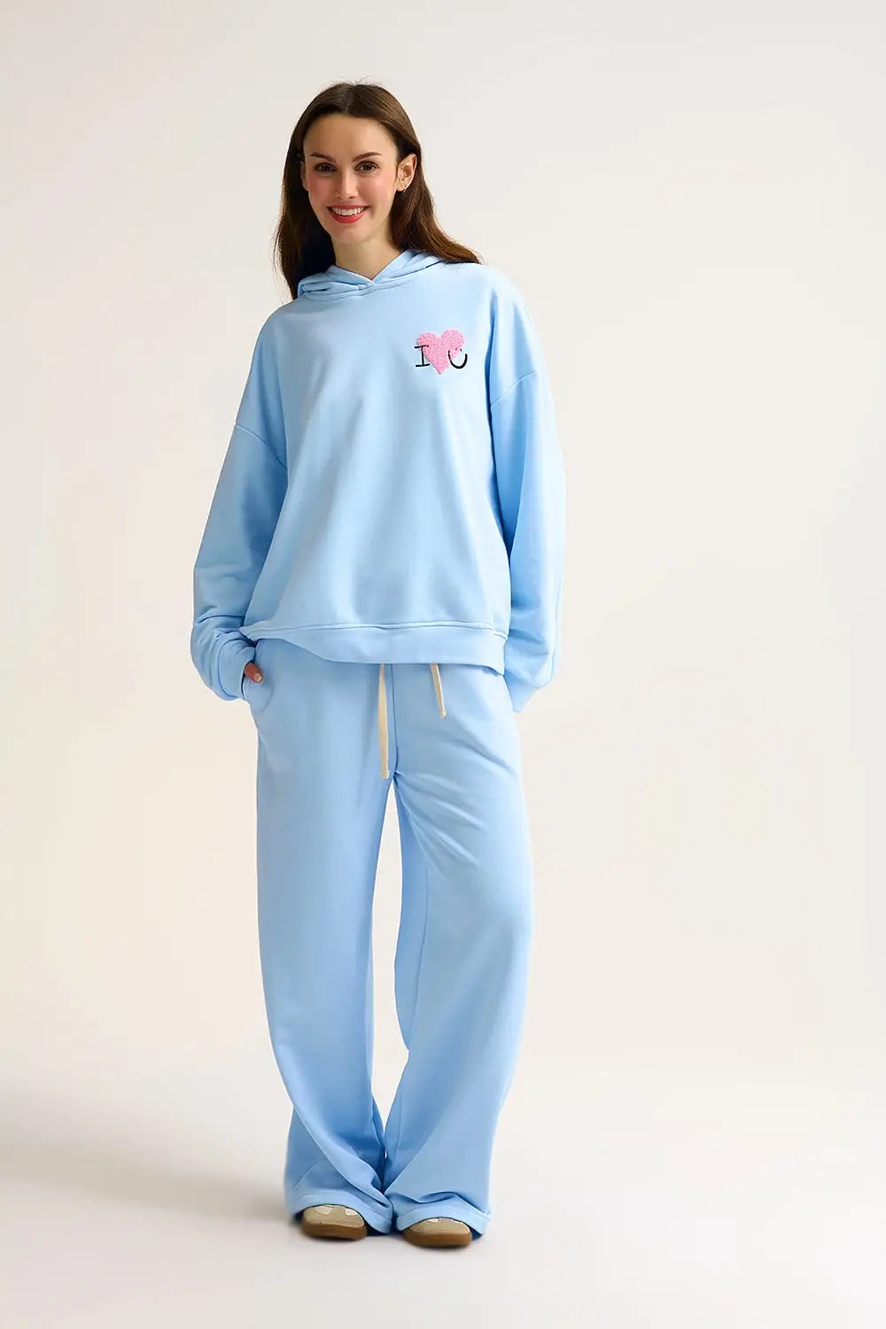 Baby Blue Super-Soft Hoodie with Bouclé Heart Graphic - BLUE / ONE - Sweaters