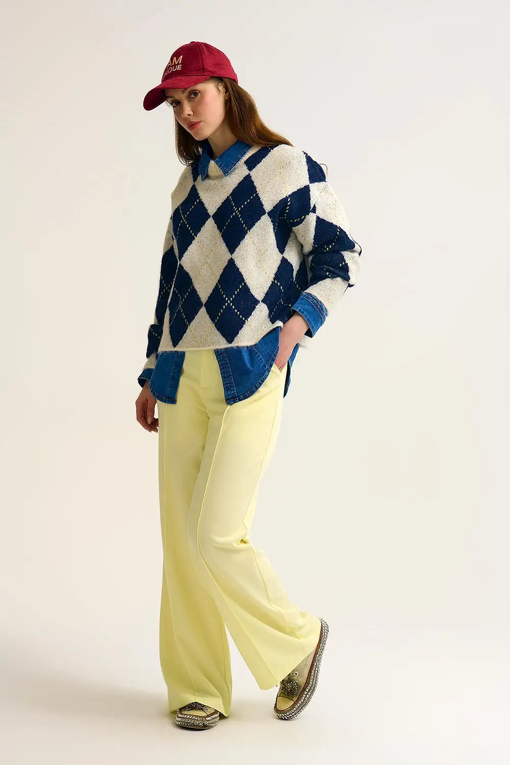 Navy diamond Chunky Knit Sweater in Contrast navy and cream - NAVY / ONE - Sweaters