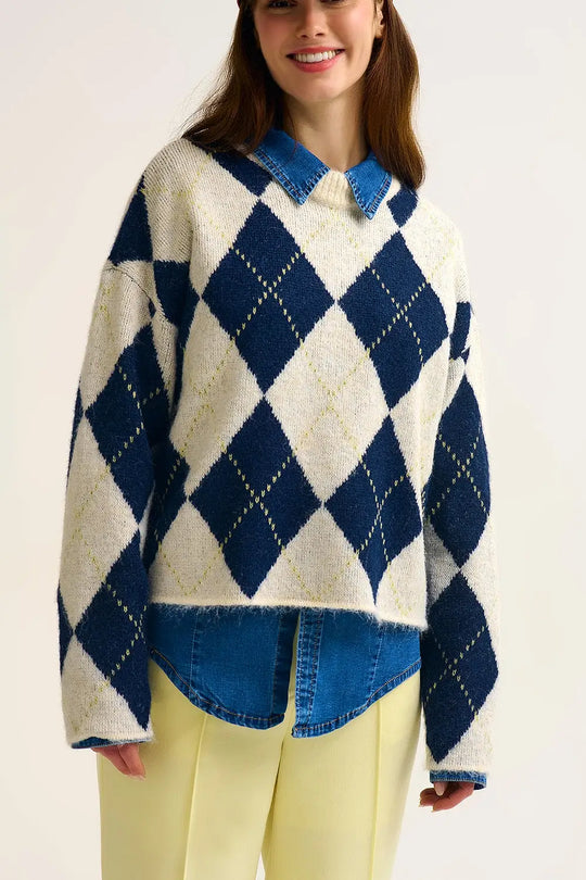 Navy diamond Chunky Knit Sweater in Contrast navy and cream - NAVY / ONE - Sweaters