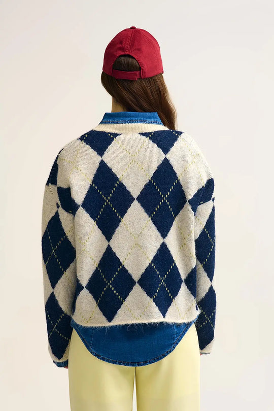 Navy diamond Chunky Knit Sweater in Contrast navy and cream - NAVY / ONE - Sweaters