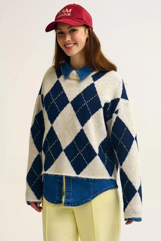 Navy diamond Chunky Knit Sweater in Contrast navy and cream - NAVY / ONE - Sweaters