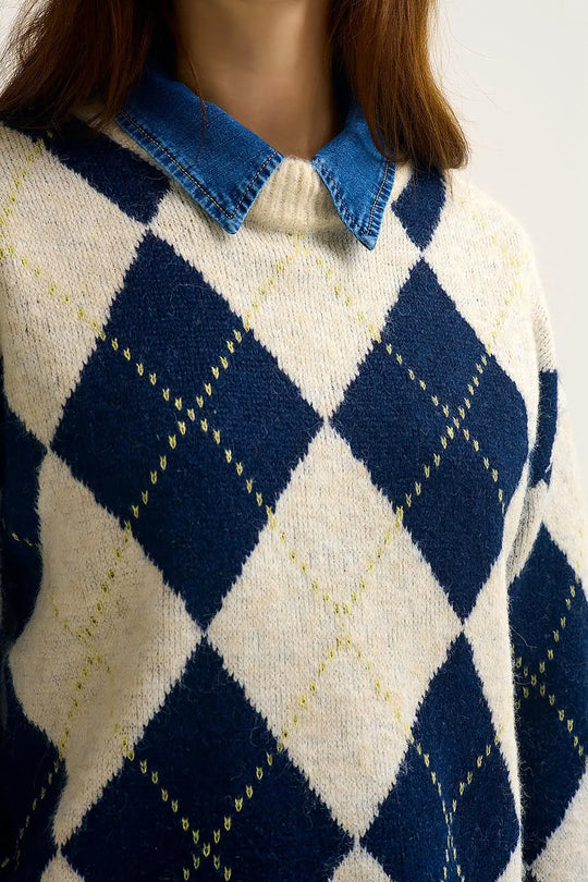Navy diamond Chunky Knit Sweater in Contrast navy and cream - NAVY / ONE - Sweaters