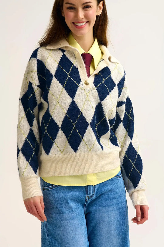 diamond printed knit polo neck sweater in navy and cream - NAVY / ONE - Sweaters