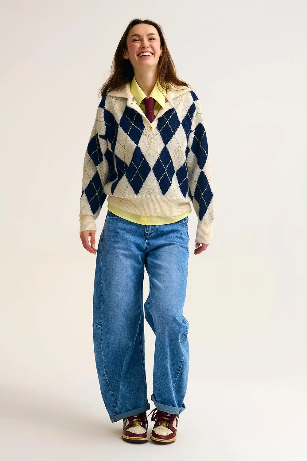 diamond printed knit polo neck sweater in navy and cream - NAVY / ONE - Sweaters