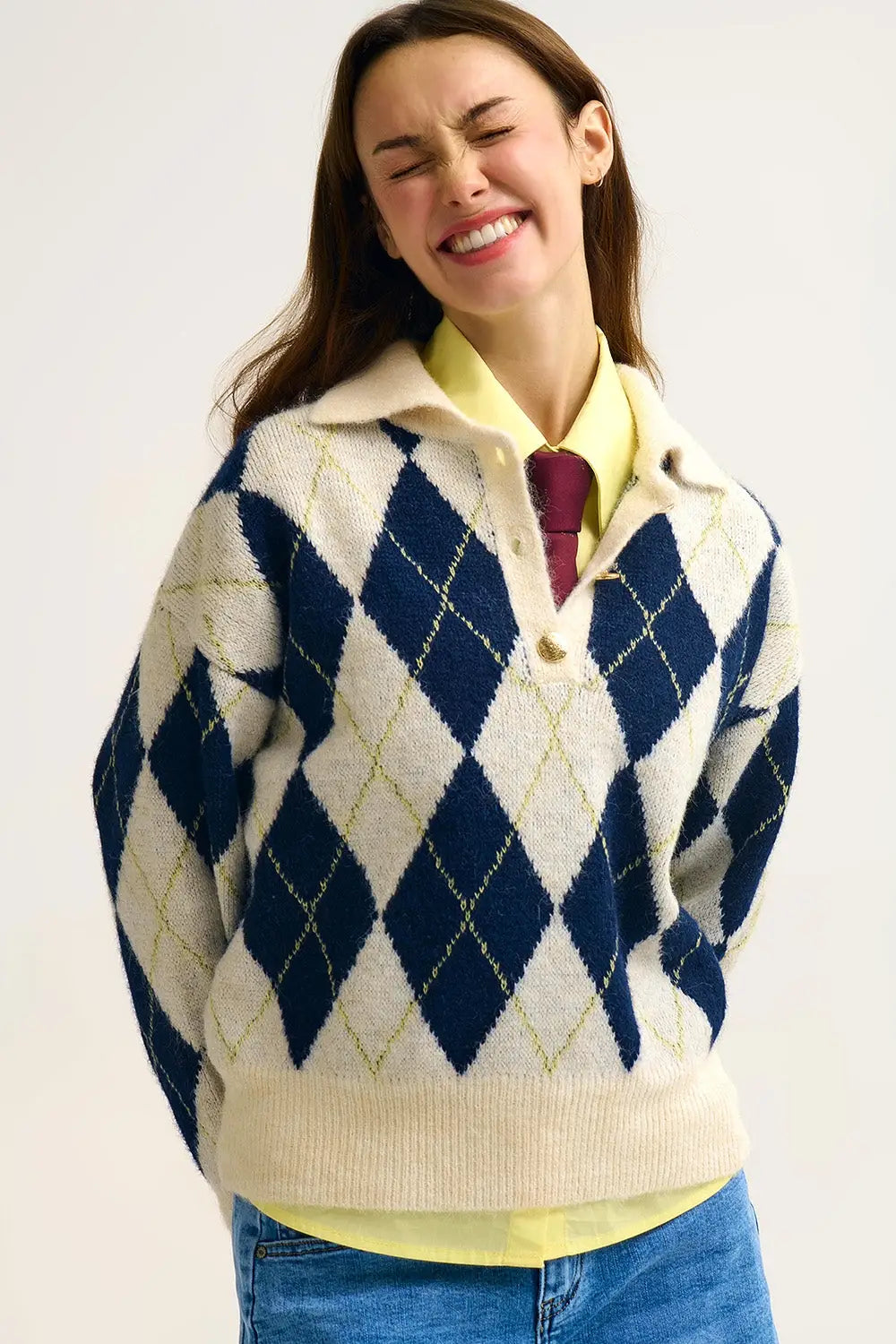 diamond printed knit polo neck sweater in navy and cream - NAVY / ONE - Sweaters