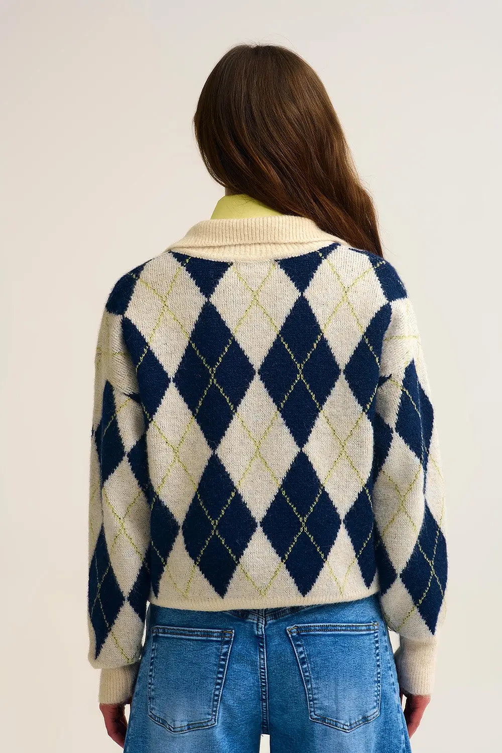 diamond printed knit polo neck sweater in navy and cream - NAVY / ONE - Sweaters