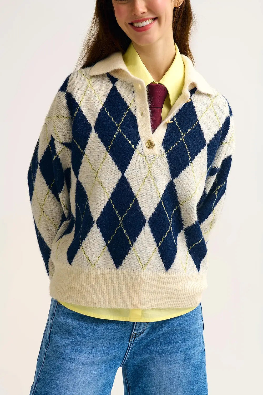 diamond printed knit polo neck sweater in navy and cream - NAVY / ONE - Sweaters