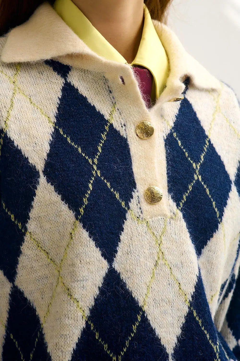 diamond printed knit polo neck sweater in navy and cream - NAVY / ONE - Sweaters