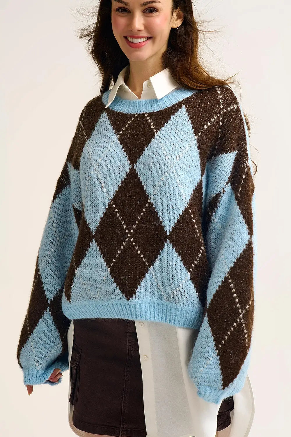 Blue and Brown diamond Knit Sweater With Voluminous Sleeves - BLUE / ONE - Sweaters
