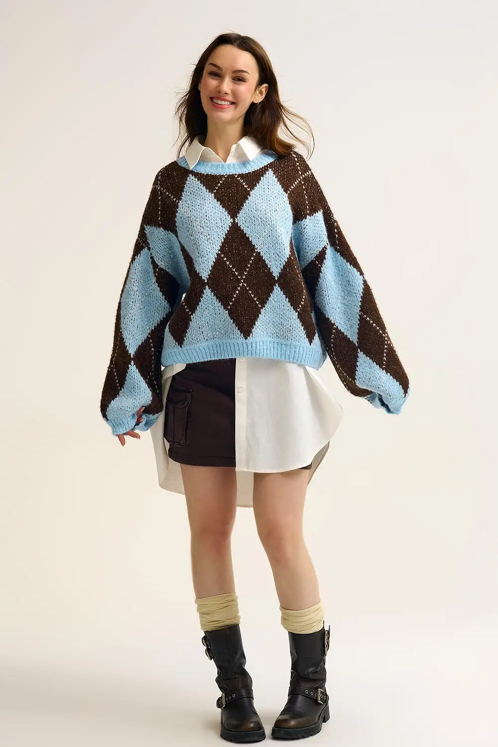 Blue and Brown diamond Knit Sweater With Voluminous Sleeves - BLUE / ONE - Sweaters