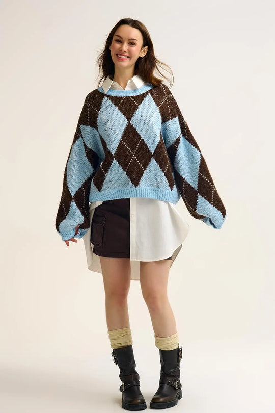 Blue and Brown diamond Knit Sweater With Voluminous Sleeves - BLUE / ONE - Sweaters