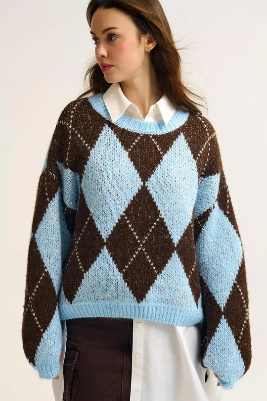 Blue and Brown diamond Knit Sweater With Voluminous Sleeves - BLUE / ONE - Sweaters