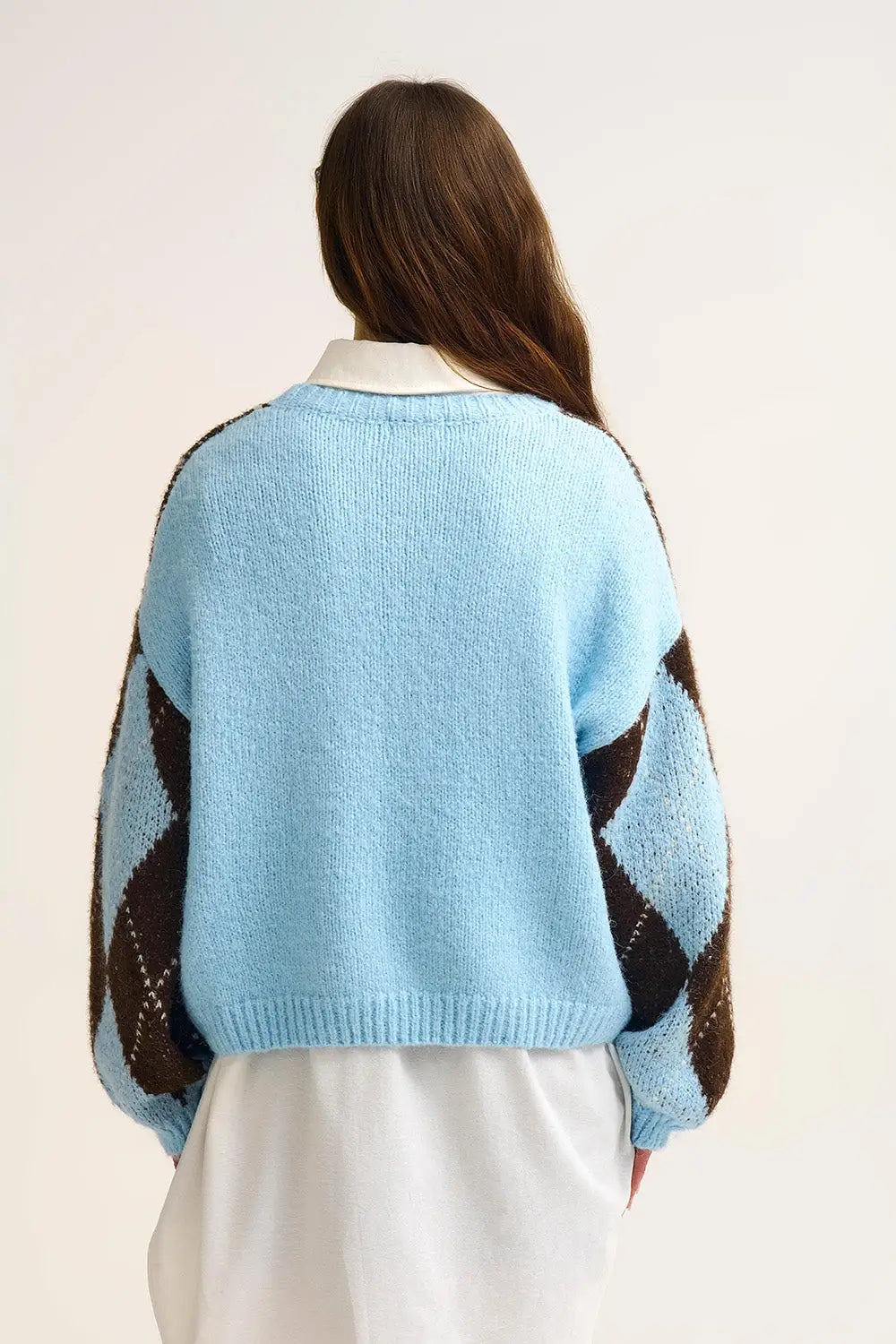 Blue and Brown diamond Knit Sweater With Voluminous Sleeves - BLUE / ONE - Sweaters
