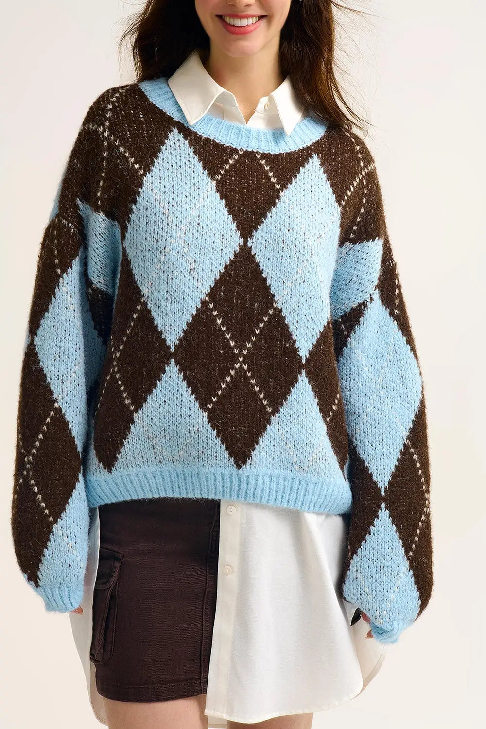 Blue and Brown diamond Knit Sweater With Voluminous Sleeves - BLUE / ONE - Sweaters