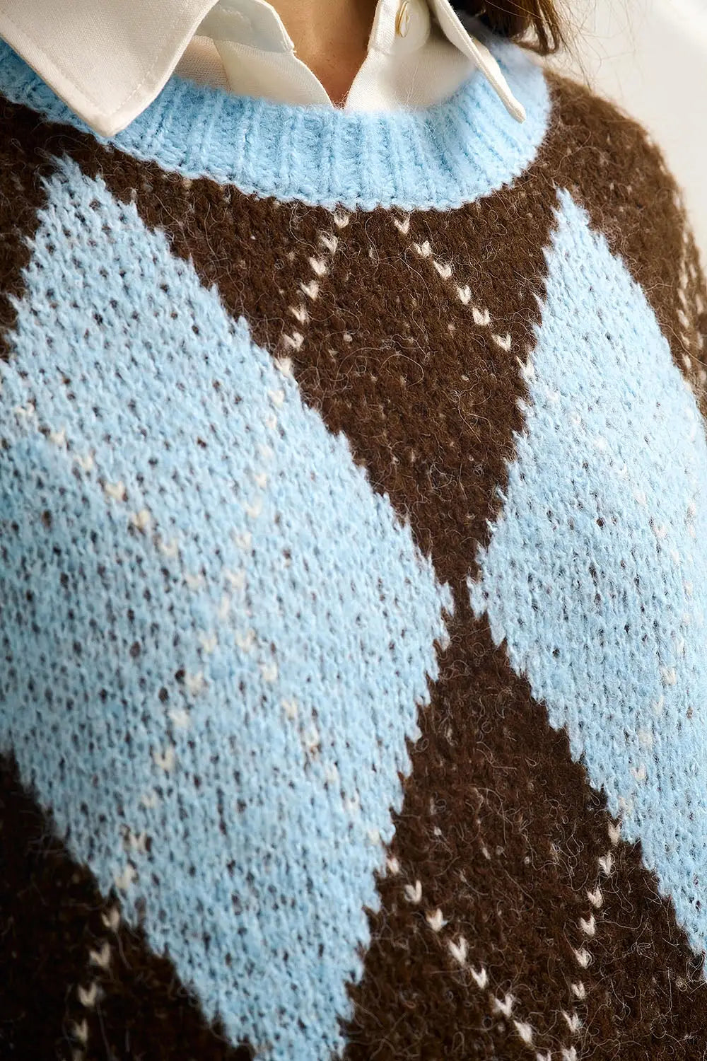Blue and Brown diamond Knit Sweater With Voluminous Sleeves - BLUE / ONE - Sweaters