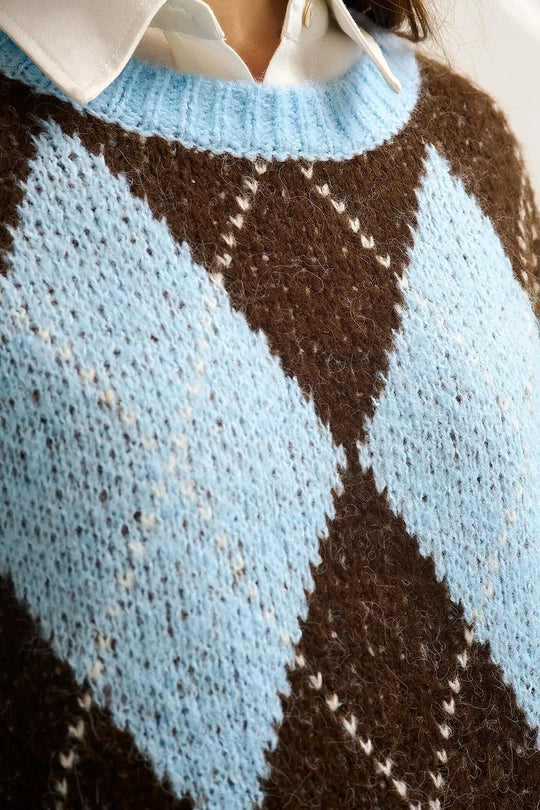 Blue and Brown diamond Knit Sweater With Voluminous Sleeves - BLUE / ONE - Sweaters