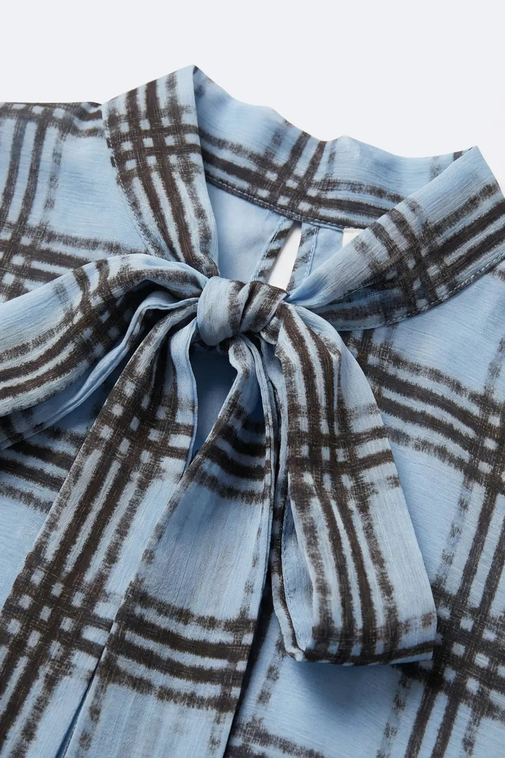 blue Chiffon Blouse with Check Print with Wide Sleeves and Neck Tie - Tops