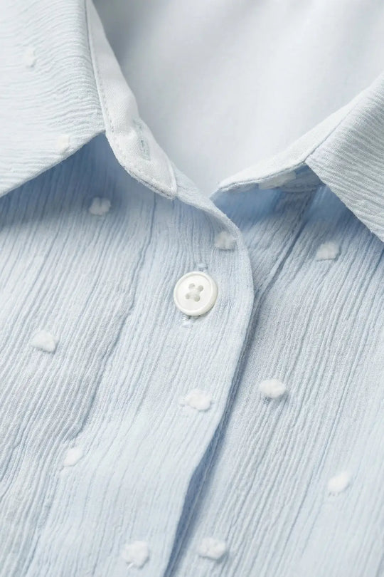 Light Blue Embroidered polka dot Blouse with buttons - Tops