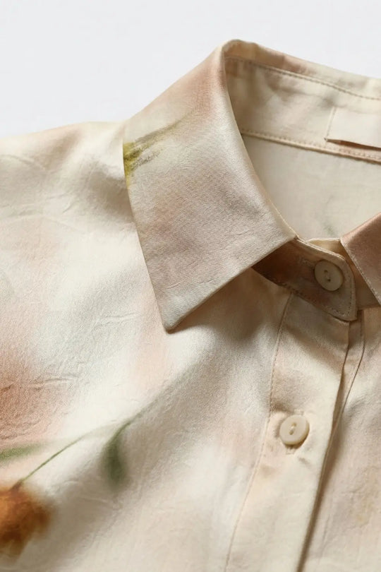 Beige Floral Satin Button-Down Shirt - Shirts