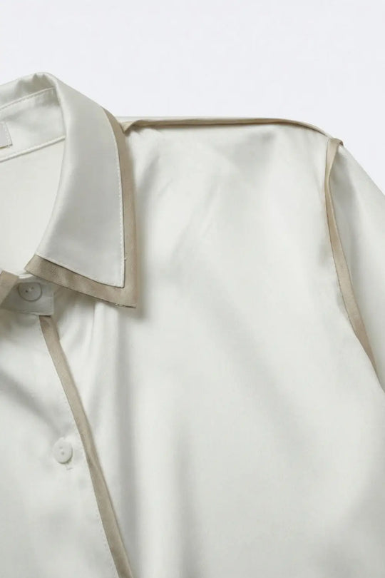 Cream Satin Button-Down Shirt with Contrast Trim - Shirts