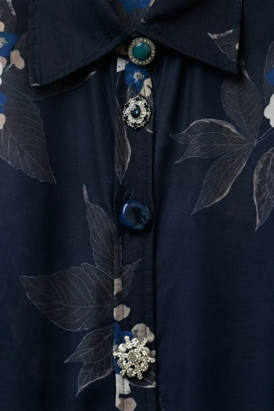 Navy Floral Button-Up Shirt in chiffon with Long Sleeves - Shirts