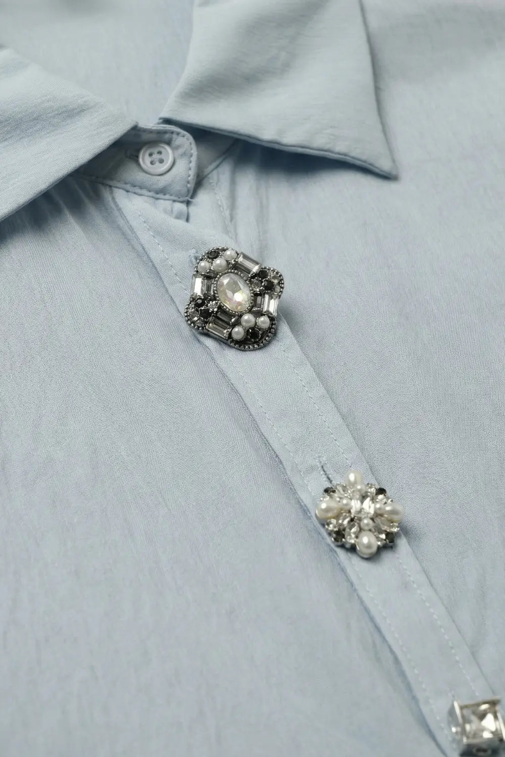 Light Blue Embellished Button-Down Blouse in tencel fabric - Shirts