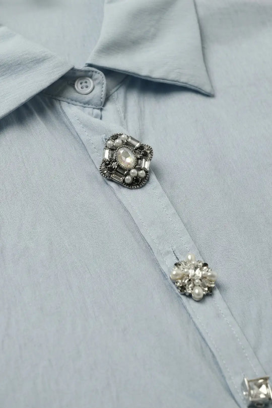 Light Blue Embellished Button-Down Blouse in tencel fabric - Shirts
