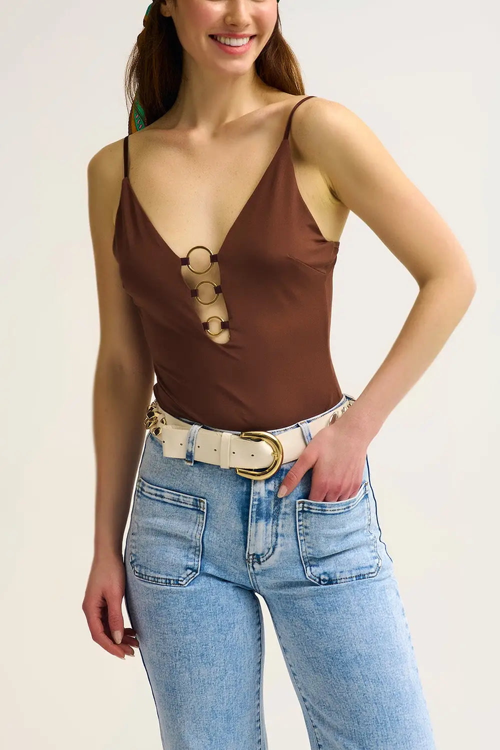 Brown gold Ring-Detail V-Neck Bodysuit in elastic fabric - Tops