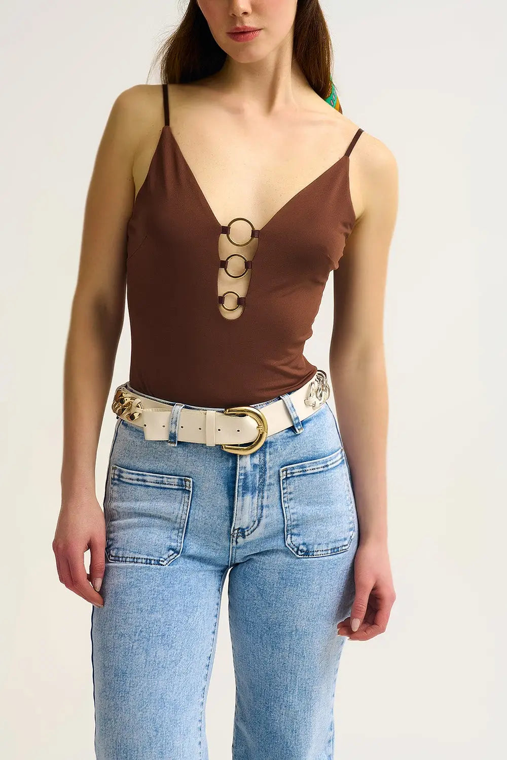 Brown gold Ring-Detail V-Neck Bodysuit in elastic fabric - Tops
